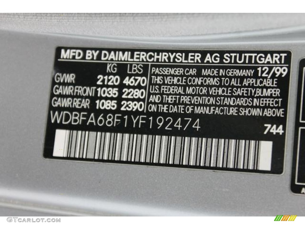 2000 Mercedes-Benz SL 500 Roadster Color Code Photos