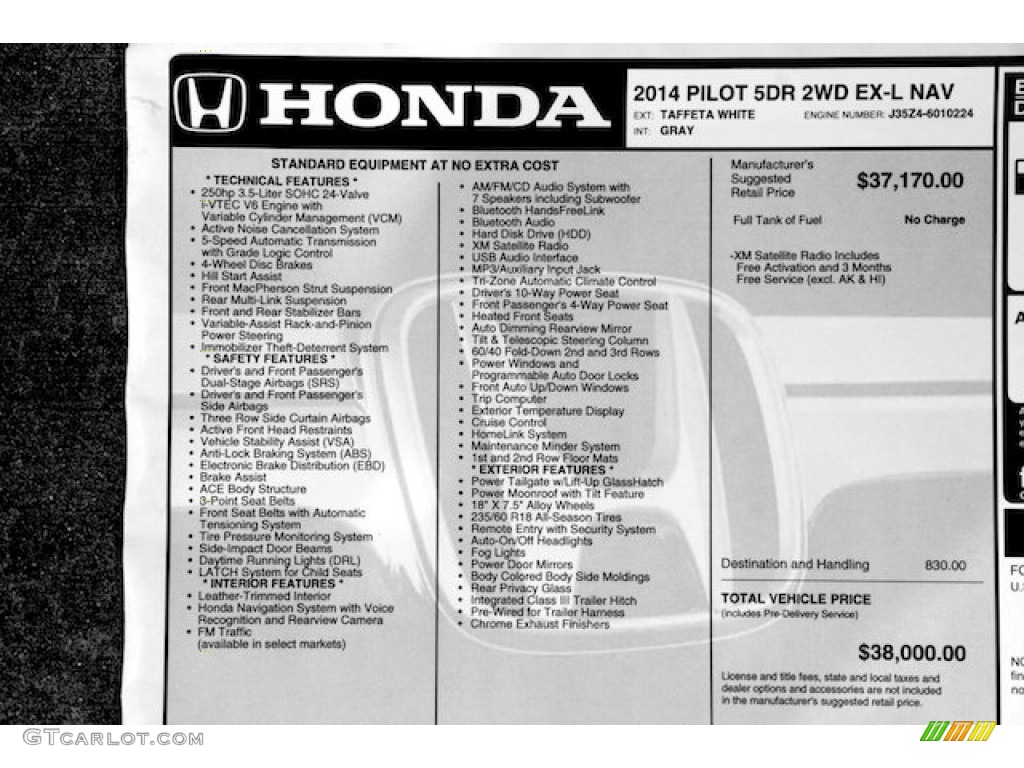 2014 Honda Pilot EX-L Window Sticker Photo #89881028