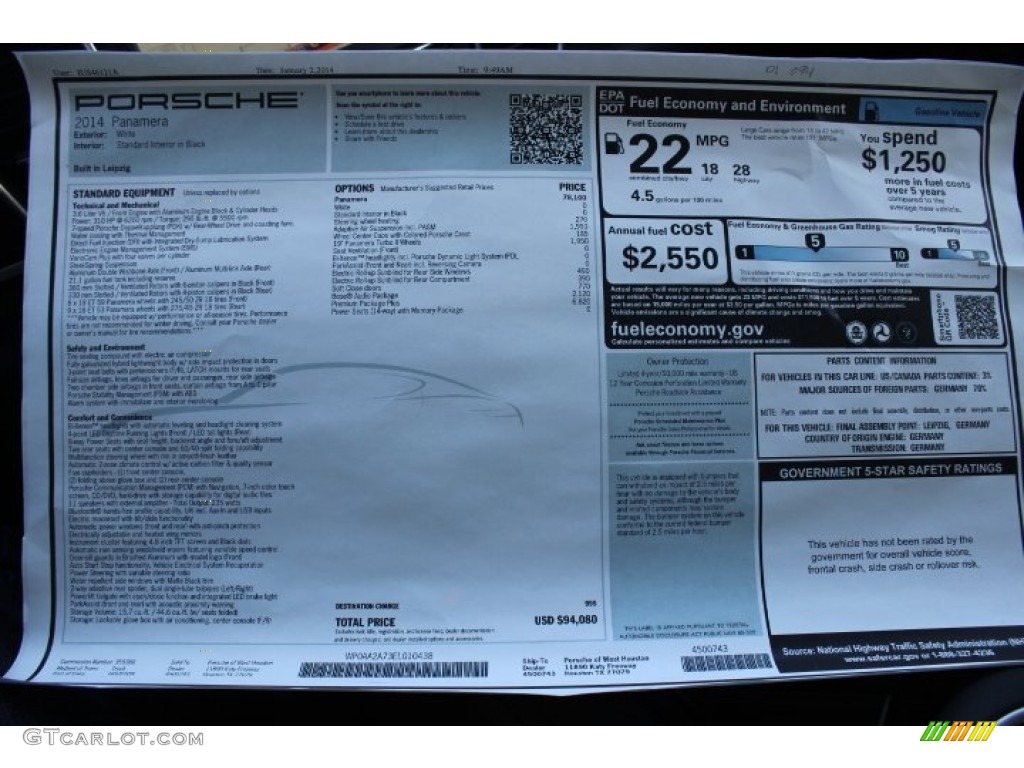 2014 Porsche Panamera Standard Panamera Model Window Sticker Photo #89886988