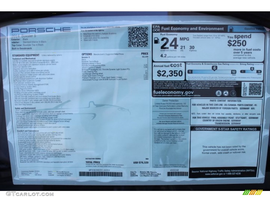 2014 Porsche Boxster S Window Sticker Photo #89887675