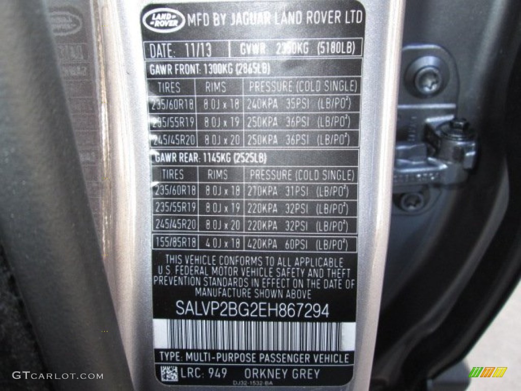 2014 Range Rover Evoque Color Code 949 for Orkney Grey Metallic Photo #89930744