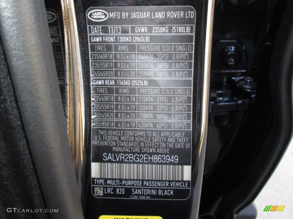 2014 Range Rover Evoque Color Code 820 for Santorini Black Metallic Photo #89931186