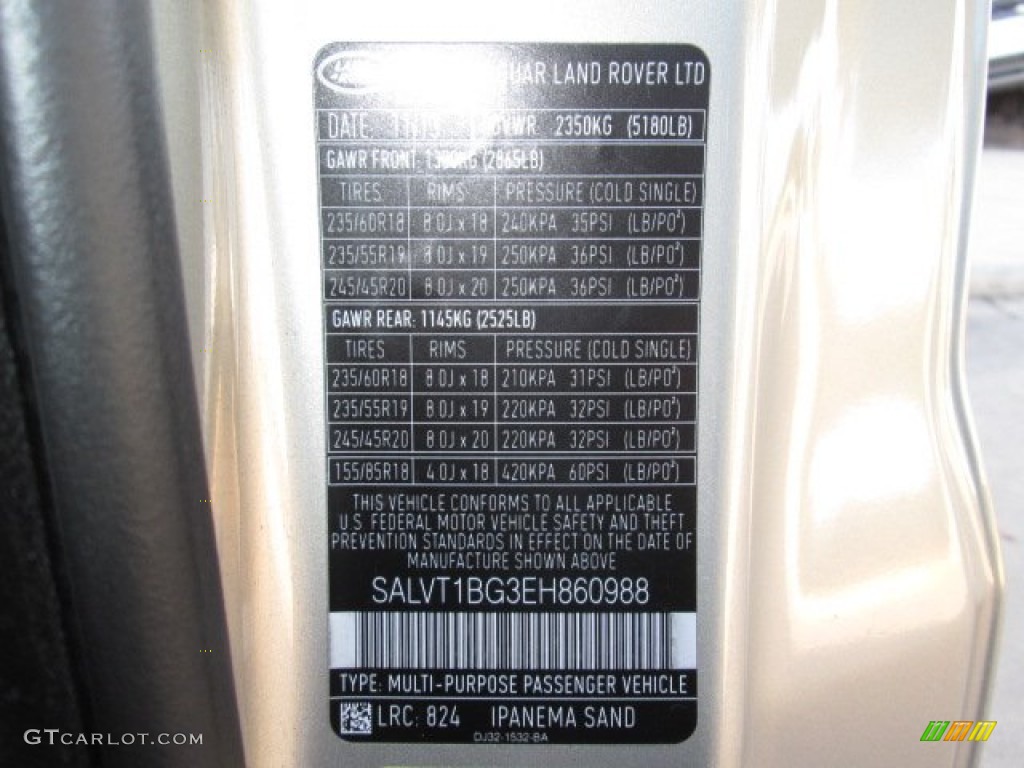 2014 Range Rover Evoque Color Code 824 for Ipanema Sand Metallic Photo #89931603