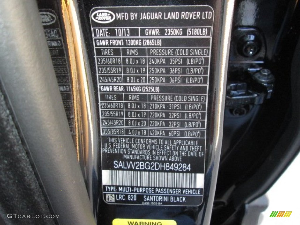 2013 Range Rover Evoque Color Code 820 for Santorini Black Metallic Photo #89933643