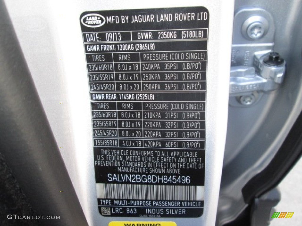 2013 Range Rover Evoque Color Code 863 for Indus Silver Metallic Photo #89934063