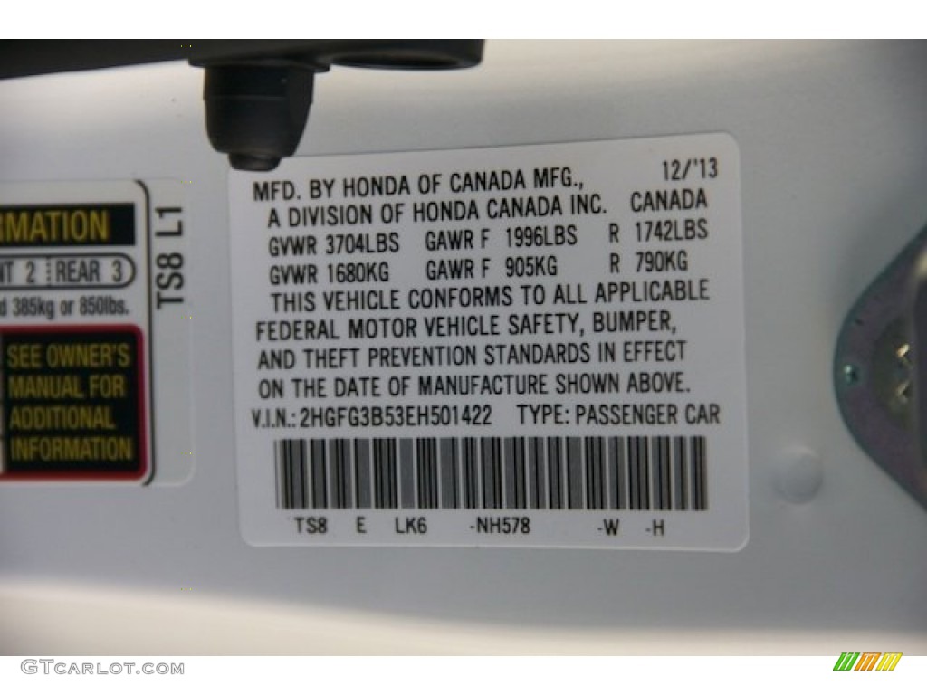 2014 Civic Color Code NH578 for Taffeta White Photo #89942079