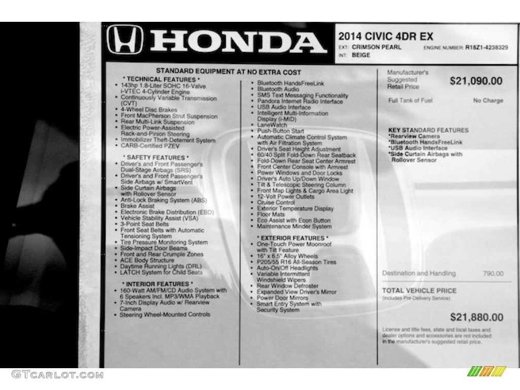 2014 Honda Civic EX Sedan Window Sticker Photo #89942682