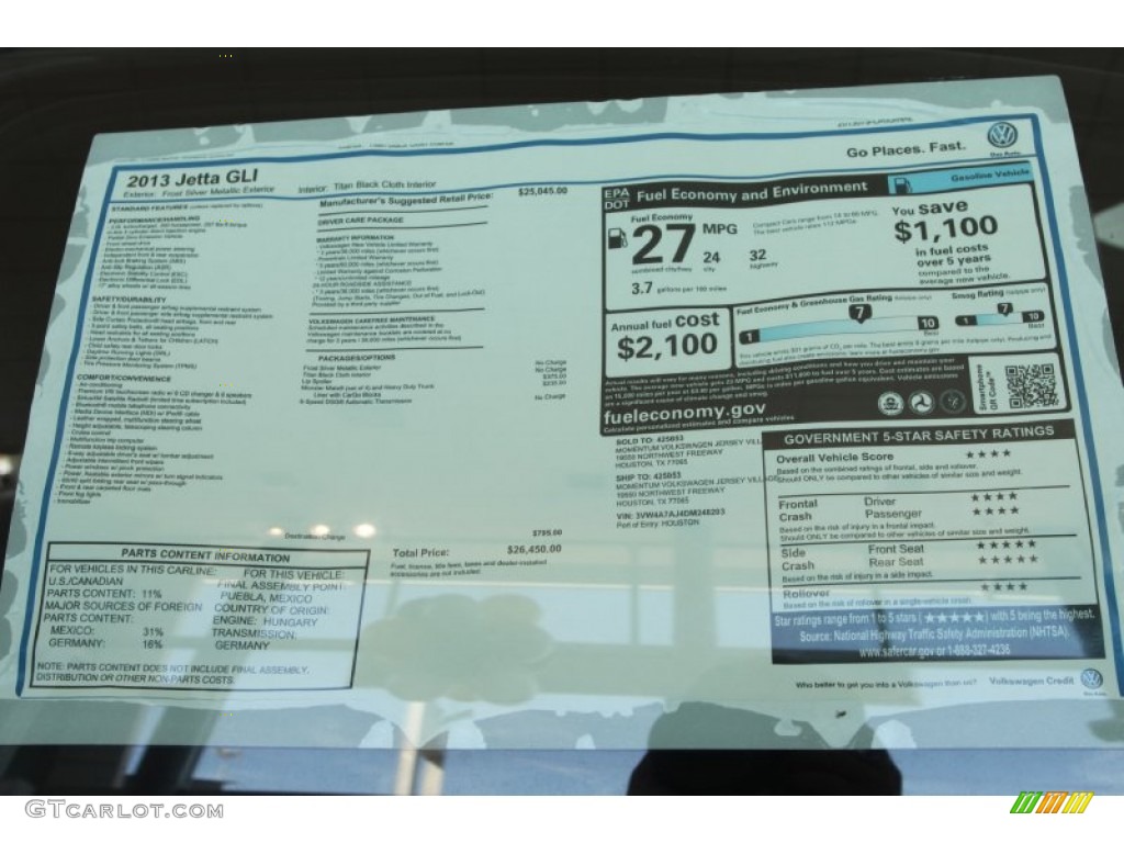 2013 Volkswagen Jetta GLI Window Sticker Photo #89973150
