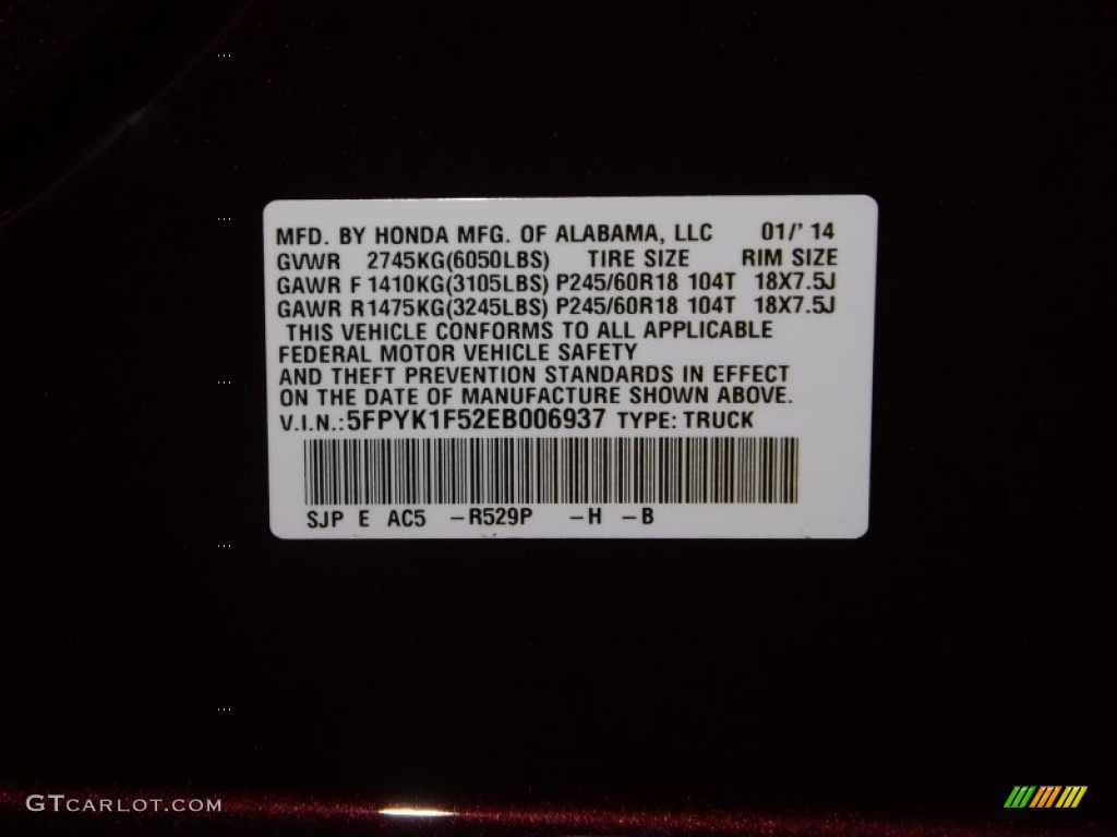 2014 Ridgeline Color Code R529P for Dark Cherry Pearl Photo #90046099