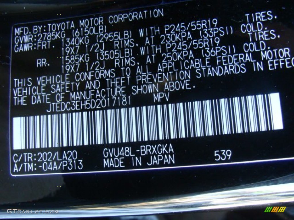 2013 Highlander Color Code 202 for Black Photo #90053104