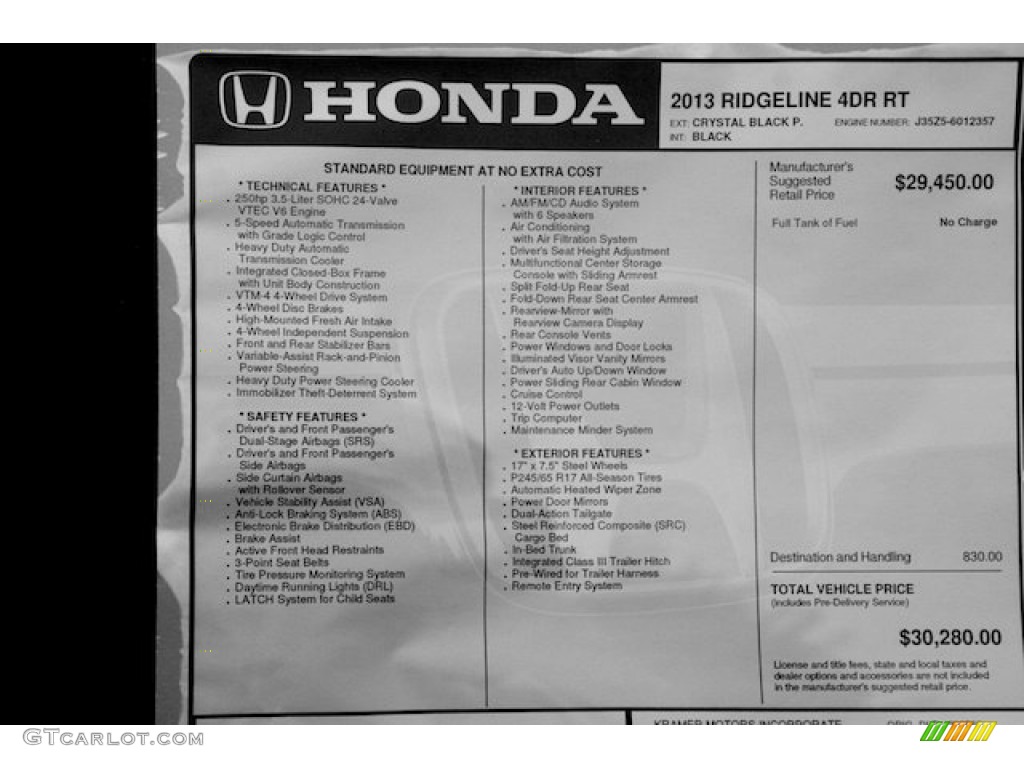 2013 Honda Ridgeline RT Window Sticker Photo #90061137