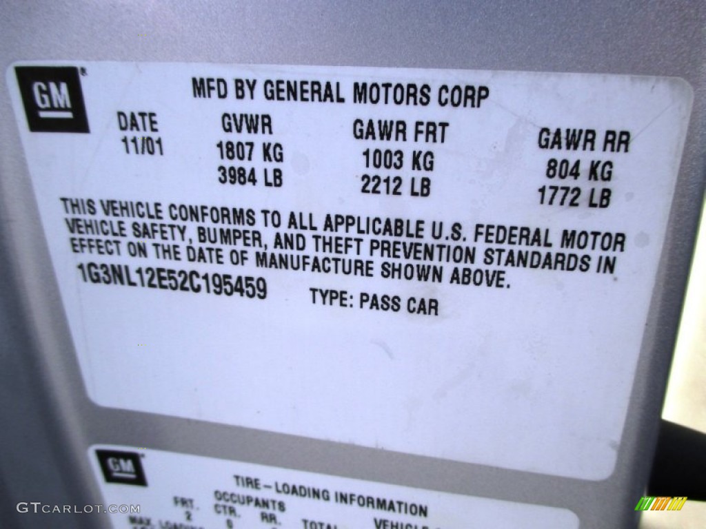 2002 Oldsmobile Alero GL Coupe Info Tag Photos