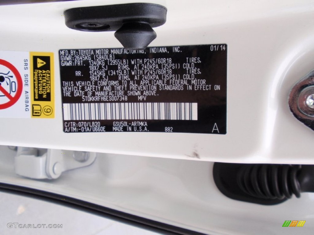 2014 Highlander Color Code 070 for Blizzard White Pearl Photo #90099864