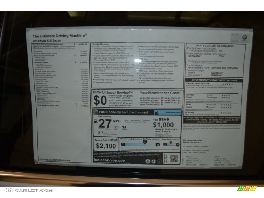2014 BMW 5 Series 528i Sedan Window Sticker Photo #90115686