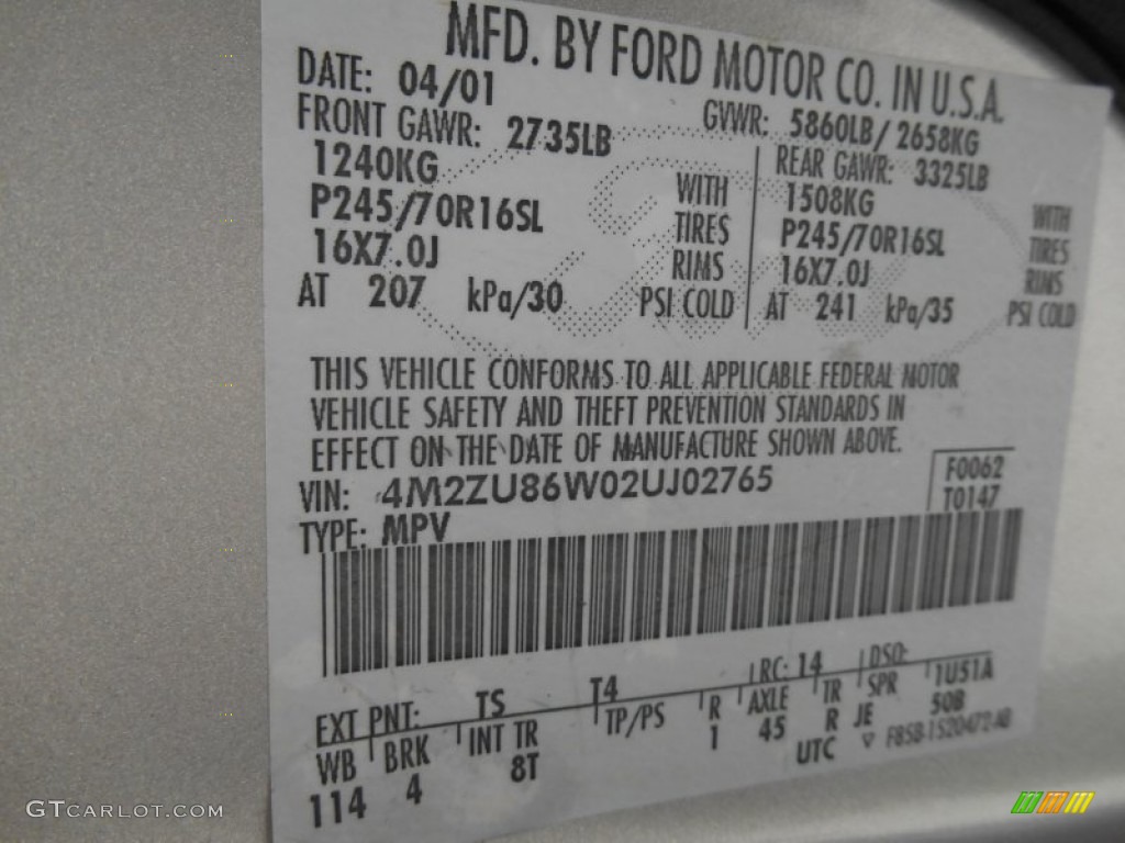 2002 Mercury Mountaineer AWD Color Code Photos