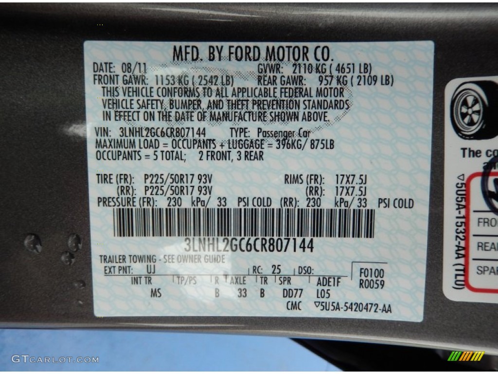 2012 MKZ Color Code UJ for Sterling Gray Metallic Photo #90127486