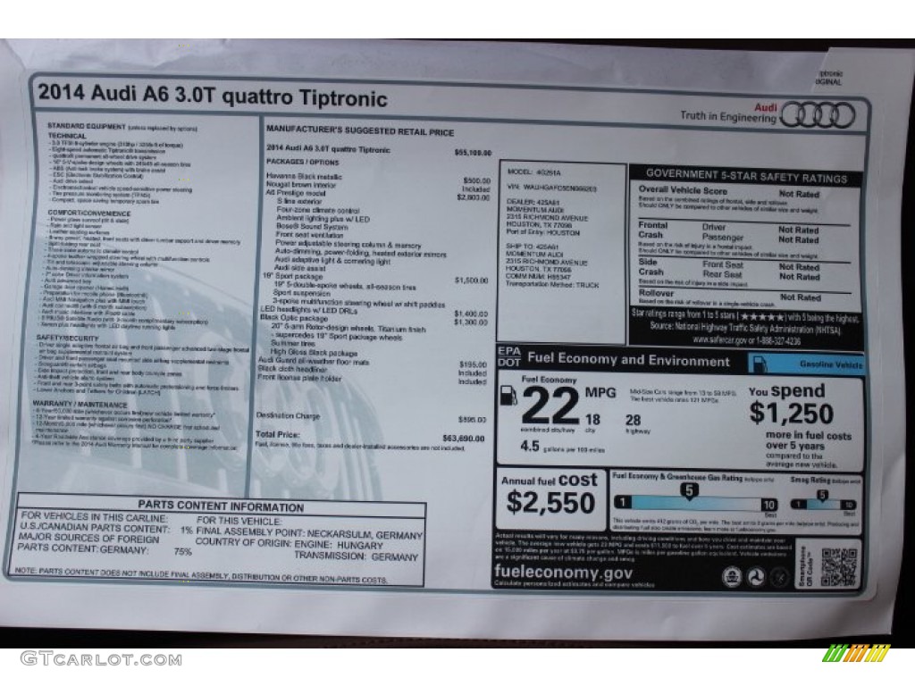 2014 Audi A6 3.0T quattro Sedan Window Sticker Photo #90134773