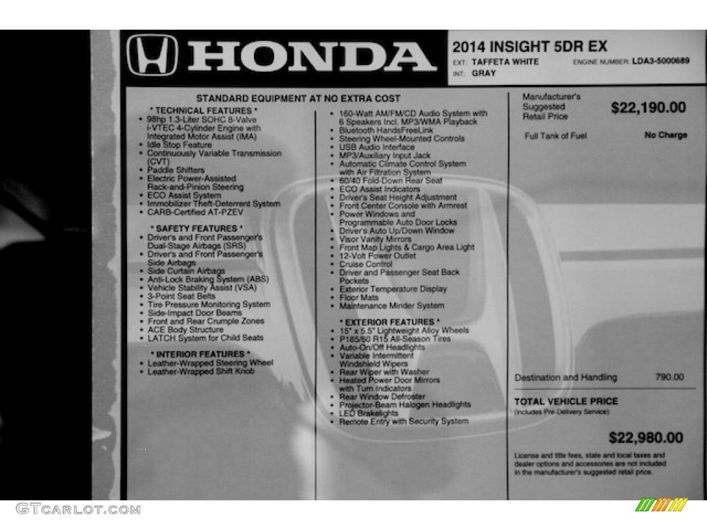2014 Honda Insight EX Hybrid Window Sticker Photo #90138175