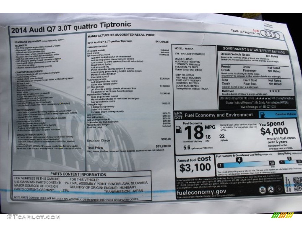 2014 Audi Q7 3.0 TFSI quattro Window Sticker Photo #90141160