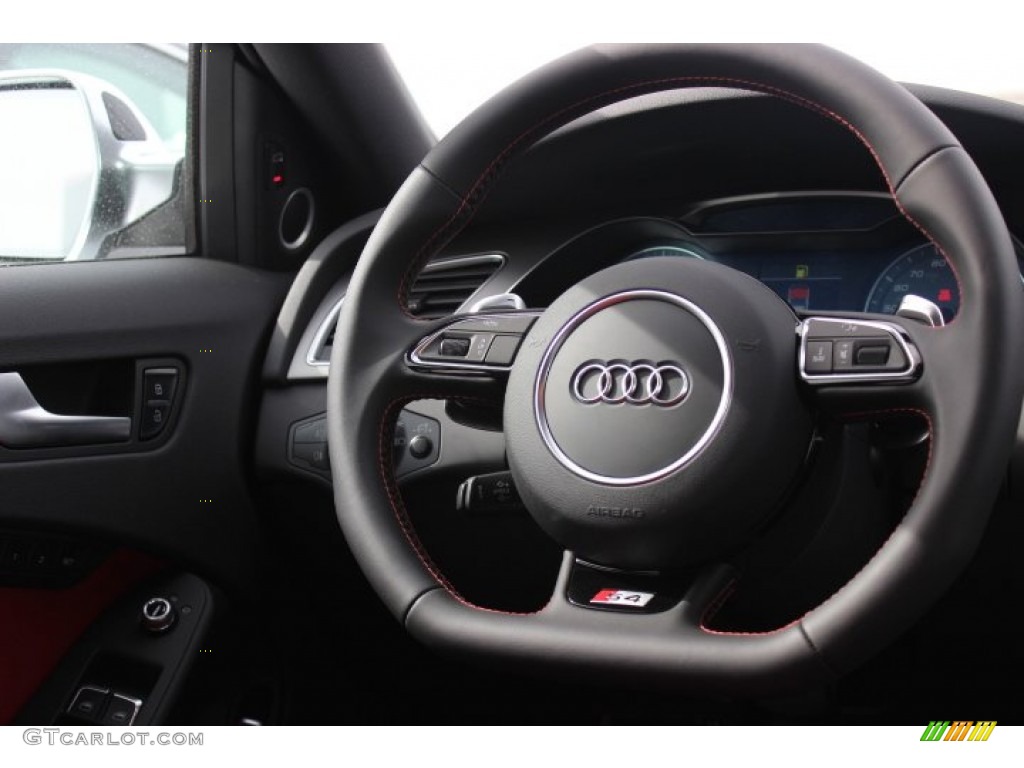 2014 Audi S4 Premium plus 3.0 TFSI quattro Black/Magma Red Steering Wheel Photo #90143986