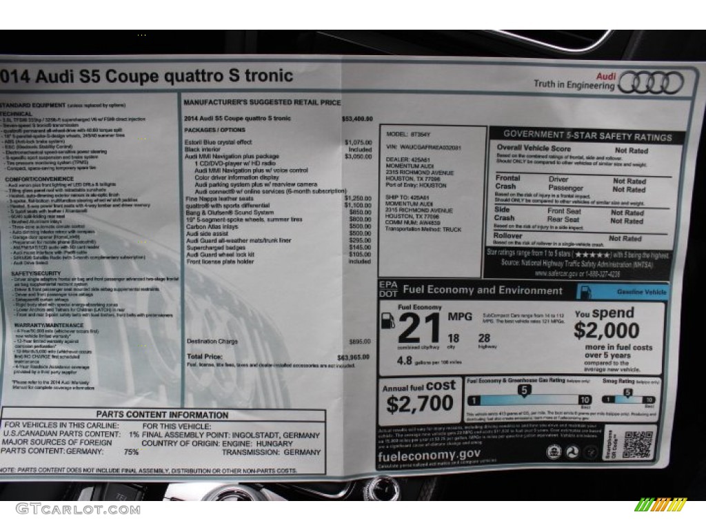 2014 S5 3.0T Premium Plus quattro Coupe - Estoril Blue Crystal / Black photo #33