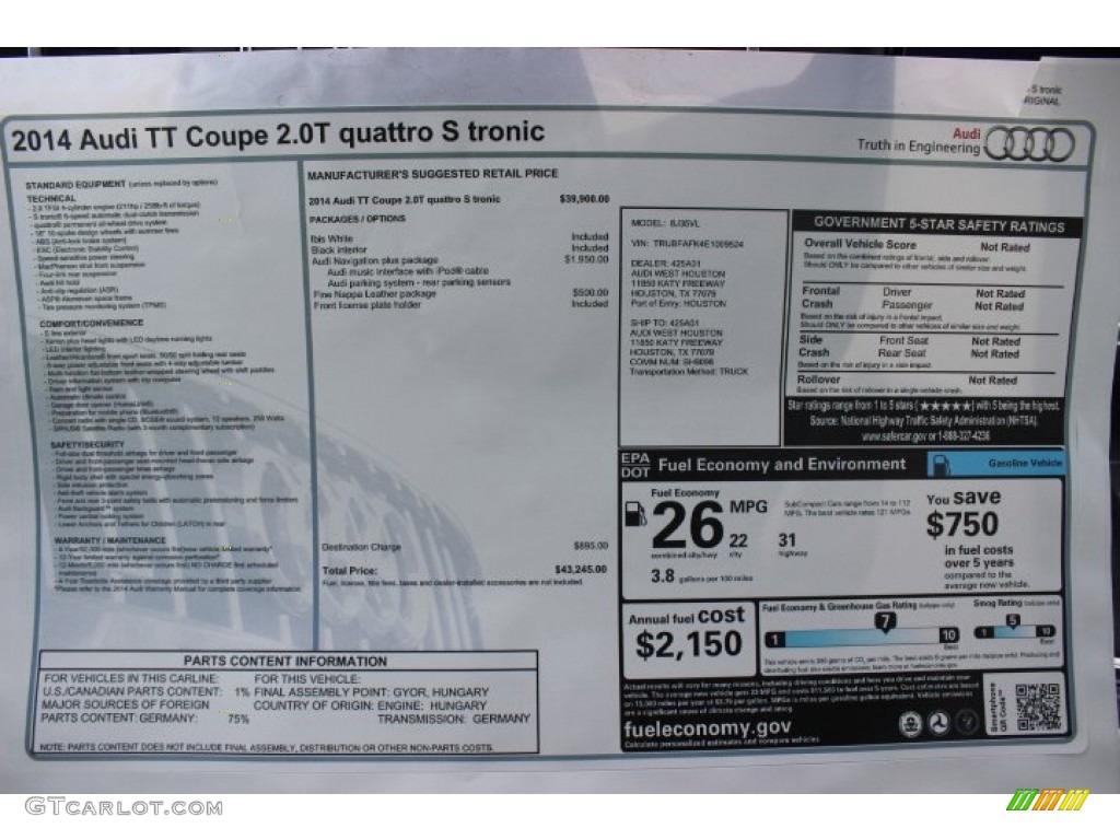 2014 Audi TT 2.0T quattro Coupe Window Sticker Photo #90150745