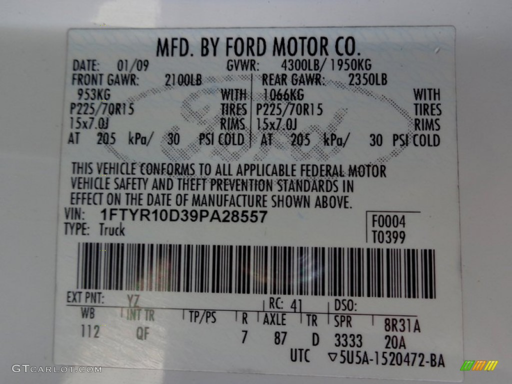 2009 Ranger Color Code YZ for Oxford White Photo #90220382