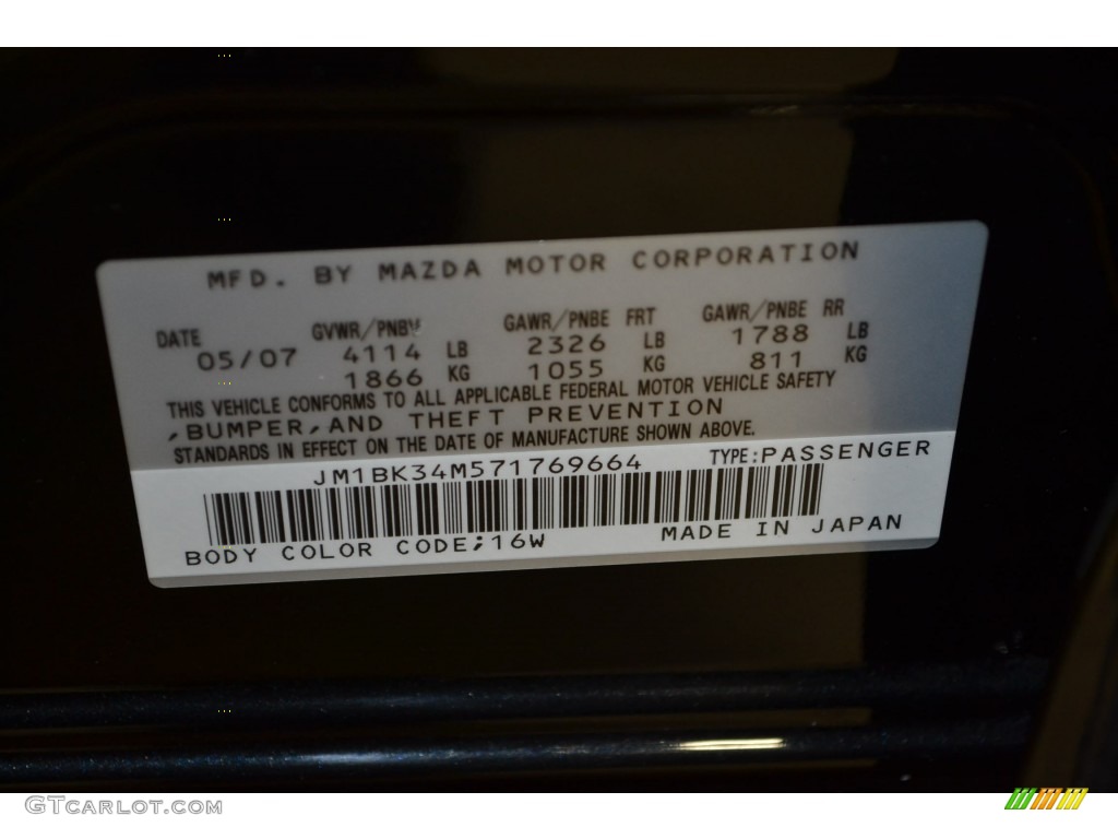 2007 MAZDA3 Color Code 16W for Black Mica Photo #90251397