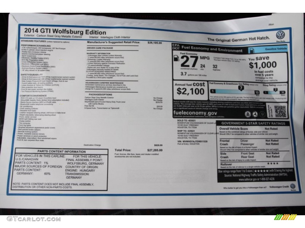 2014 Volkswagen GTI 4 Door Wolfsburg Edition Window Sticker Photo #90287206