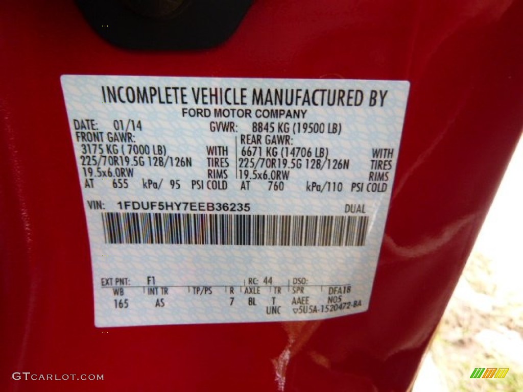 2014 F550 Super Duty Color Code F1 for Vermillion Red Photo #90308565