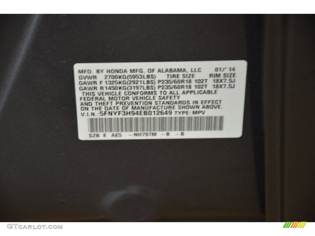 2014 Pilot Touring - Modern Steel Metallic / Gray photo #37