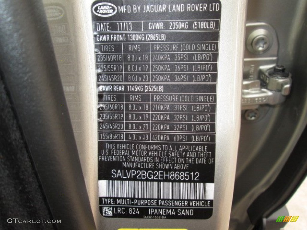 2014 Range Rover Evoque Color Code 824 for Ipanema Sand Metallic Photo #90315252
