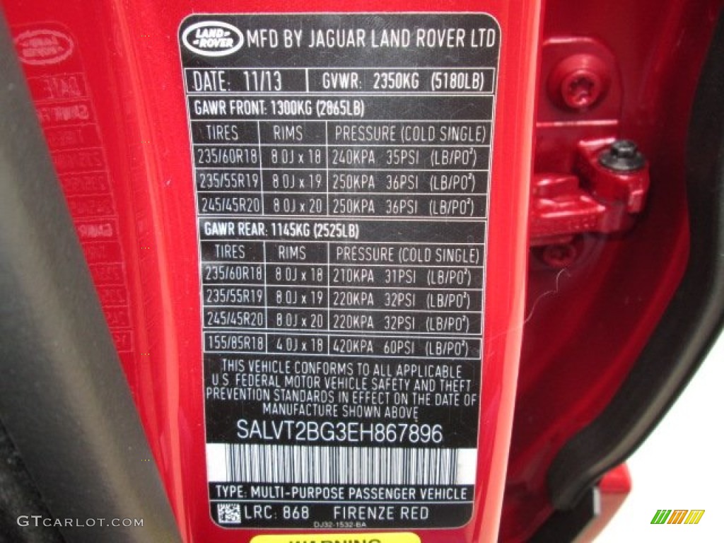 2014 Range Rover Evoque Color Code 868 for Firenze Red Metallic Photo #90316278