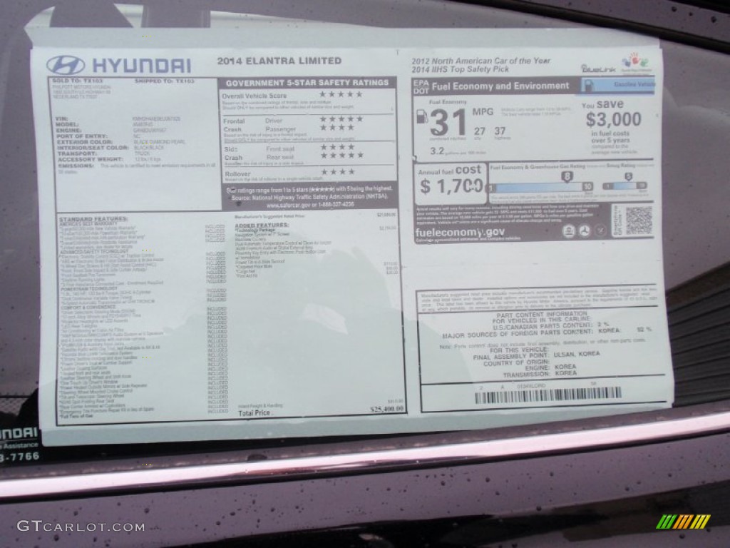 2014 Hyundai Elantra Limited Sedan Window Sticker Photo #90316434