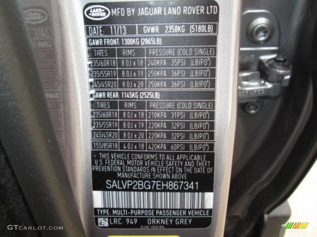 2014 Range Rover Evoque Color Code 949 for Orkney Grey Metallic Photo #90316795
