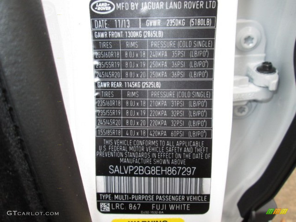 2014 Range Rover Evoque Color Code 867 for Fuji White Photo #90317825