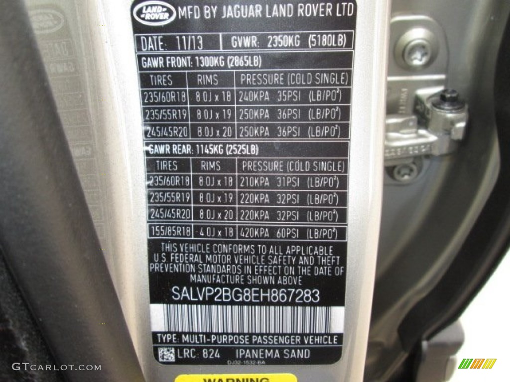 2014 Range Rover Evoque Color Code 824 for Ipanema Sand Metallic Photo #90318339