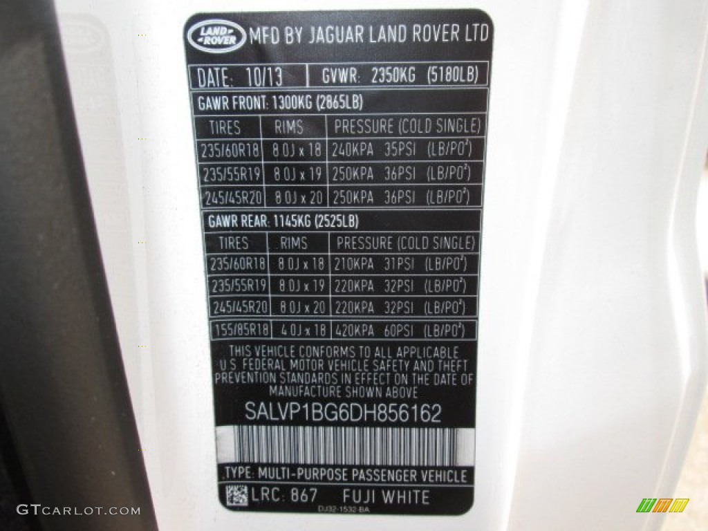 2013 Range Rover Evoque Color Code 867 for Fuji White Photo #90321540