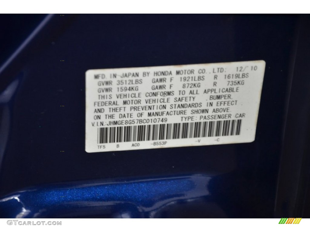 2011 Fit Color Code B553P for Vortex Blue Pearl Photo #90327585