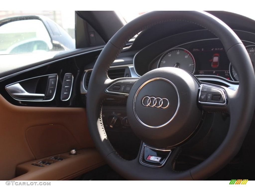 2014 Audi S7 Prestige 4.0 TFSI quattro Havana Brown w/Black Stitching Steering Wheel Photo #90338837