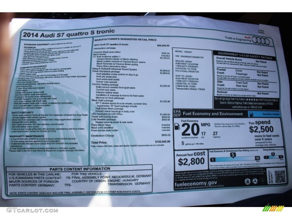 2014 Audi S7 Prestige 4.0 TFSI quattro Window Sticker Photo #90338957
