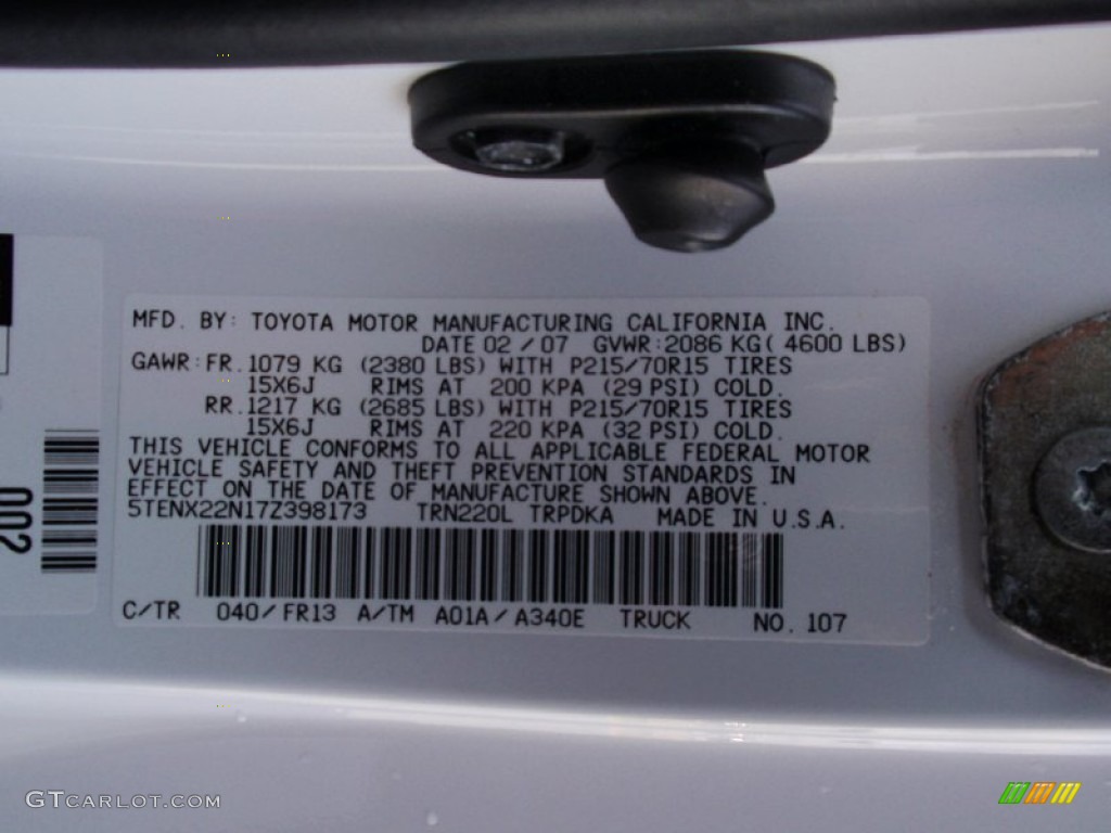 2007 Toyota Tacoma Regular Cab Color Code Photos