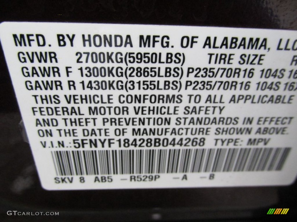 2008 Pilot Color Code R529P for Dark Cherry Pearl Photo #90356190