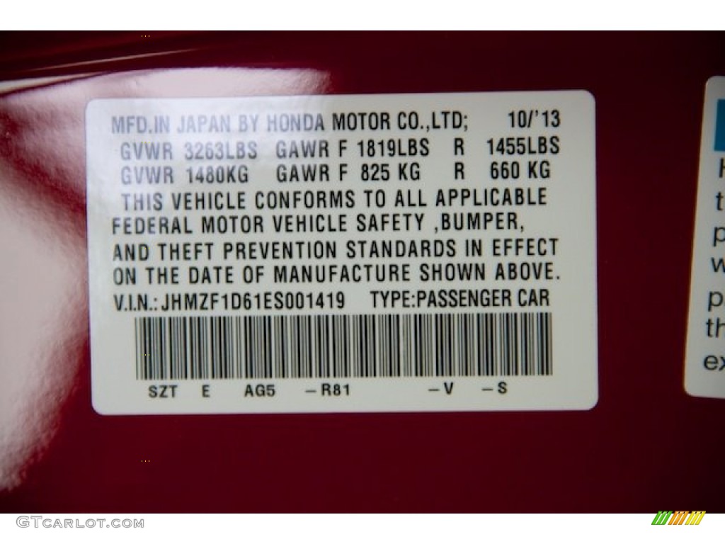 2014 CR-Z Color Code R81 for Milano Red Photo #90466515