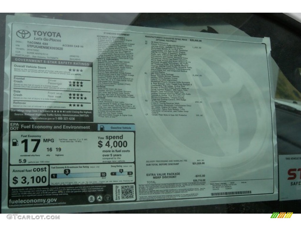 2014 Toyota Tacoma V6 SR5 Access Cab 4x4 Window Sticker Photo #90532857