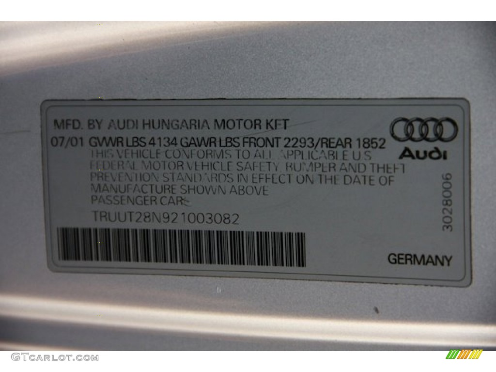 2002 Audi TT 1.8T quattro Roadster Info Tag Photo #90543233