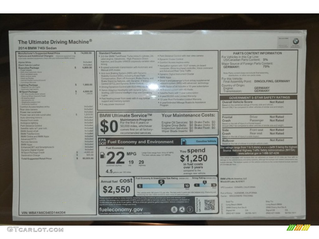 2014 BMW 7 Series 740i Sedan Window Sticker Photo #90555464