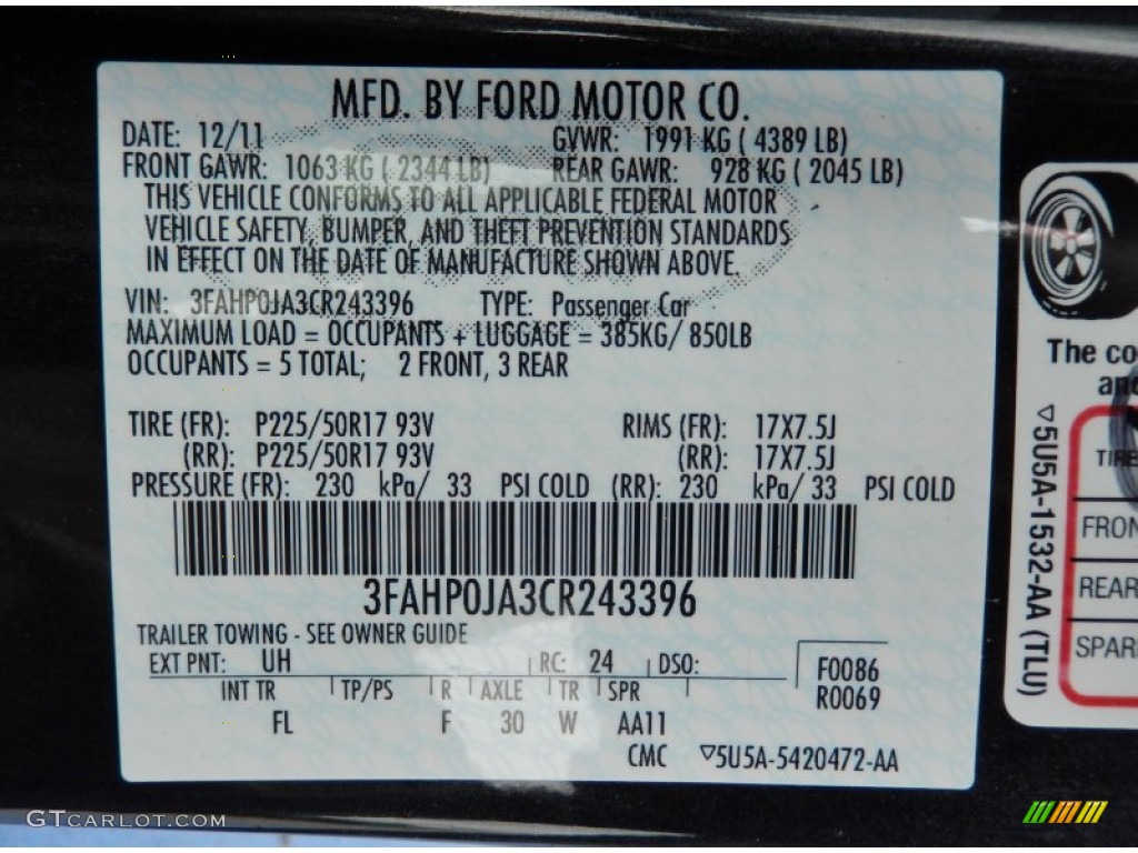2012 Ford Fusion SEL Color Code Photos