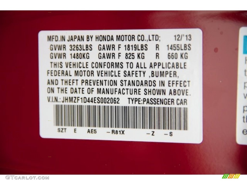 2014 CR-Z Color Code R81X for Milano Red Photo #90570235