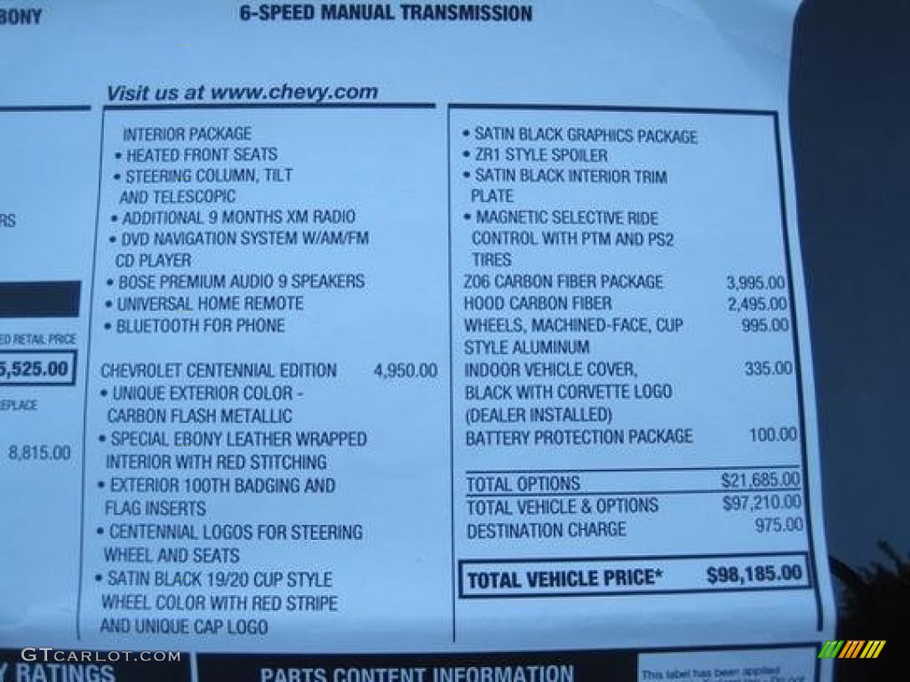 2012 Chevrolet Corvette Centennial Edition Z06 Window Sticker Photos